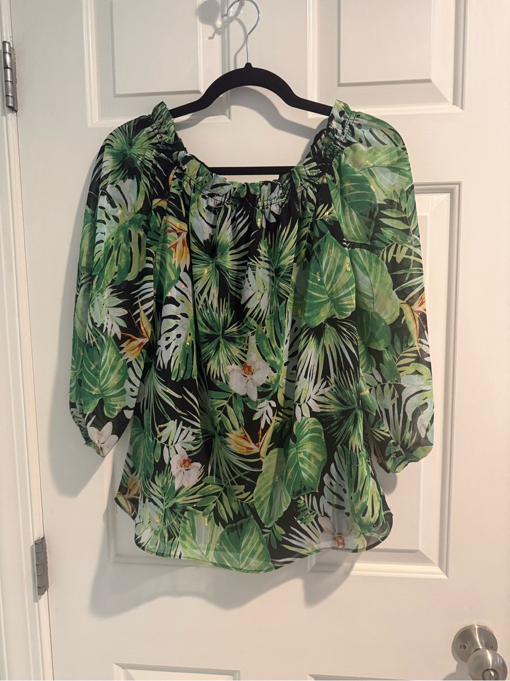 WHBM Tropical Off-Shoulder Metallic Blouse M